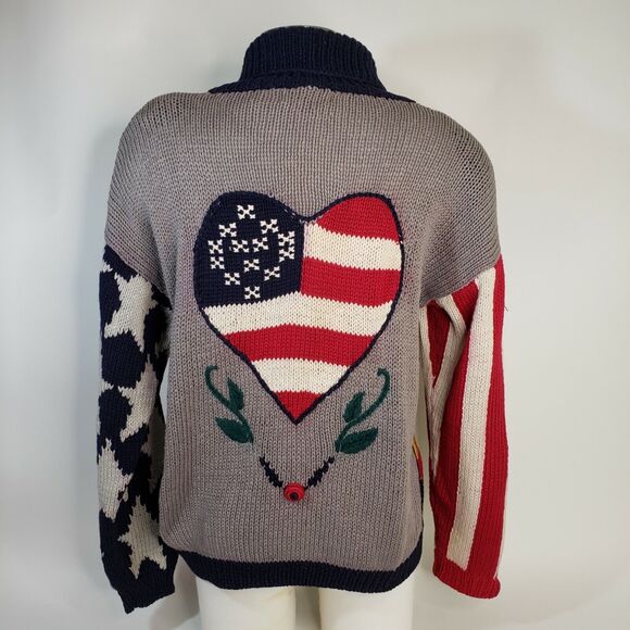 Vintage 1989 The Eagle's Eye Cotton Sweater Cardigan America Farm Medium Flag - Picture 3 of 12